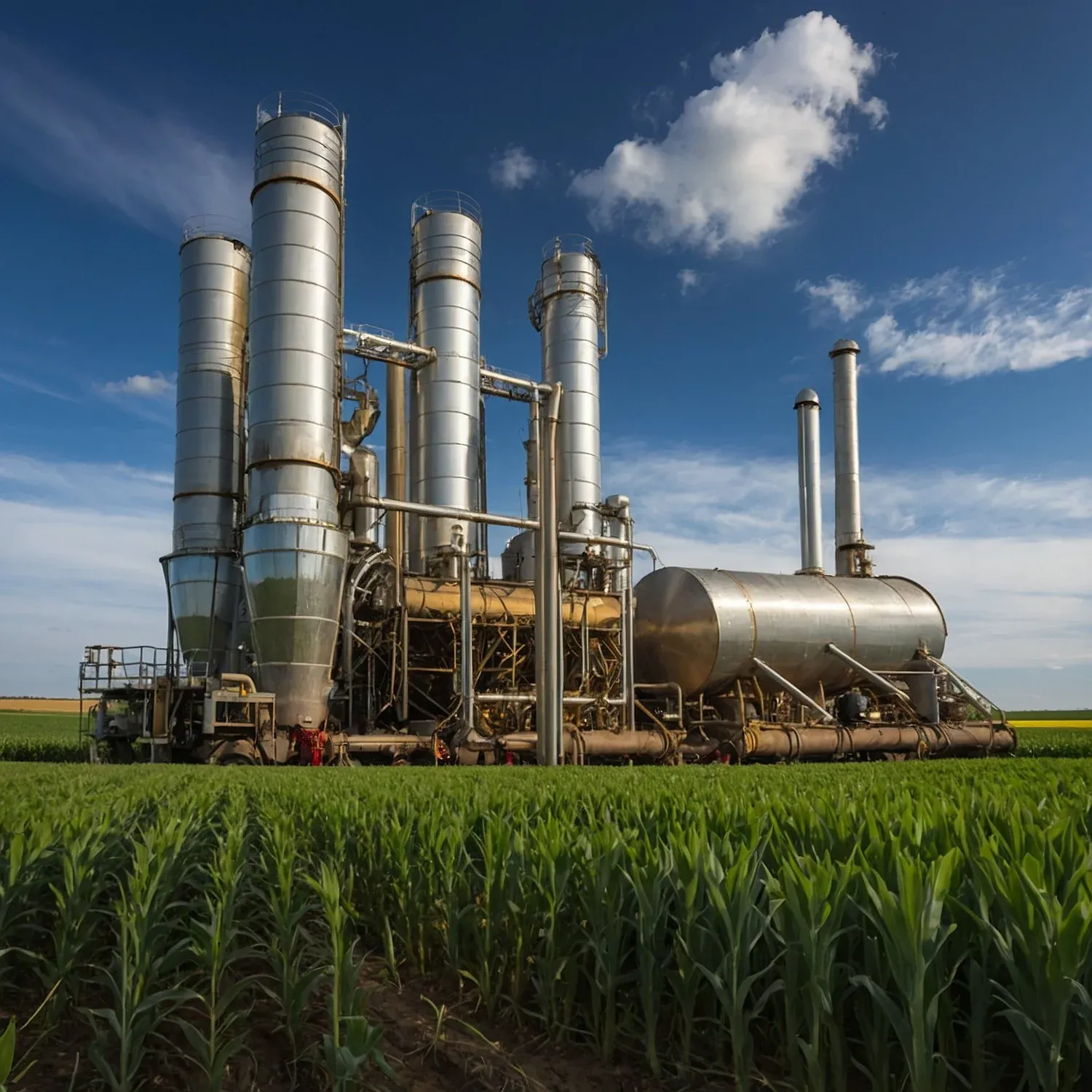 Large gasifier plant with silos rising above a cornfield