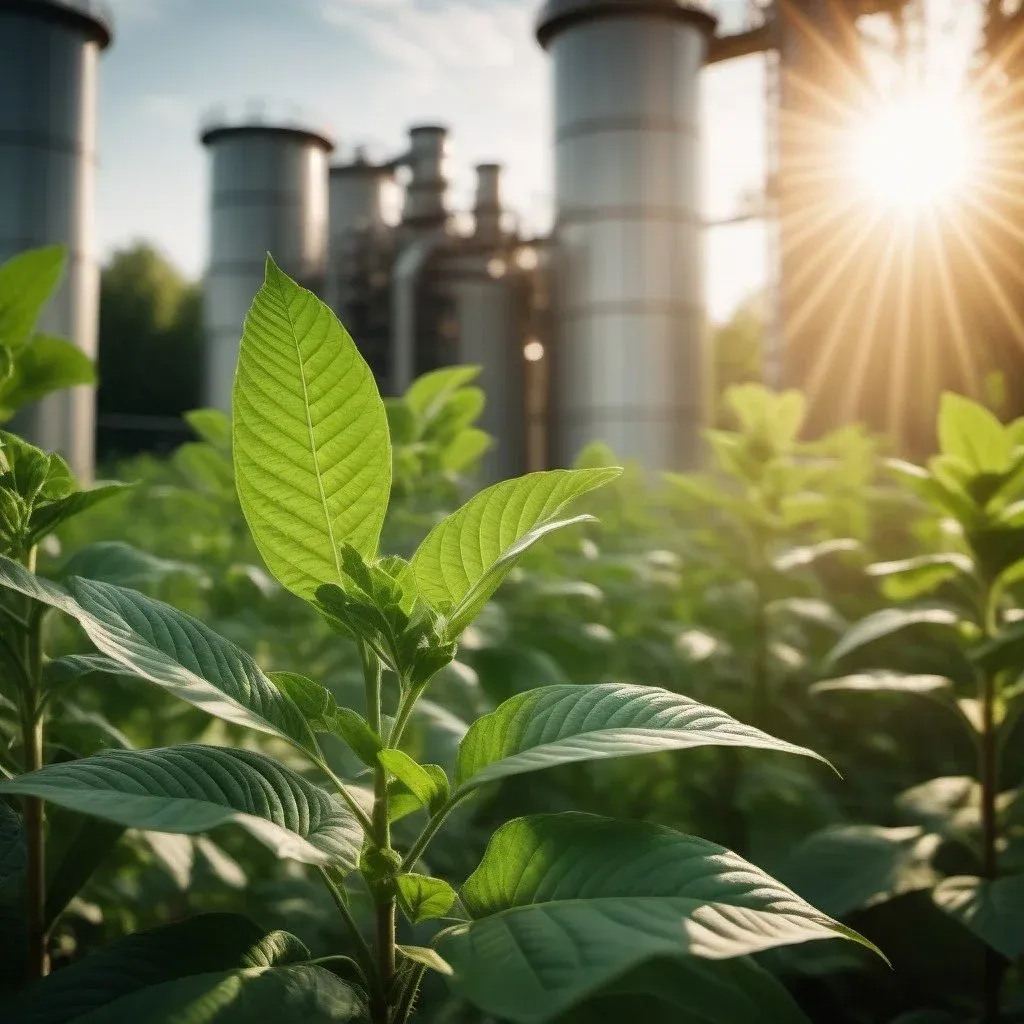 Green leaves backlit by sun with industrial silos in the background