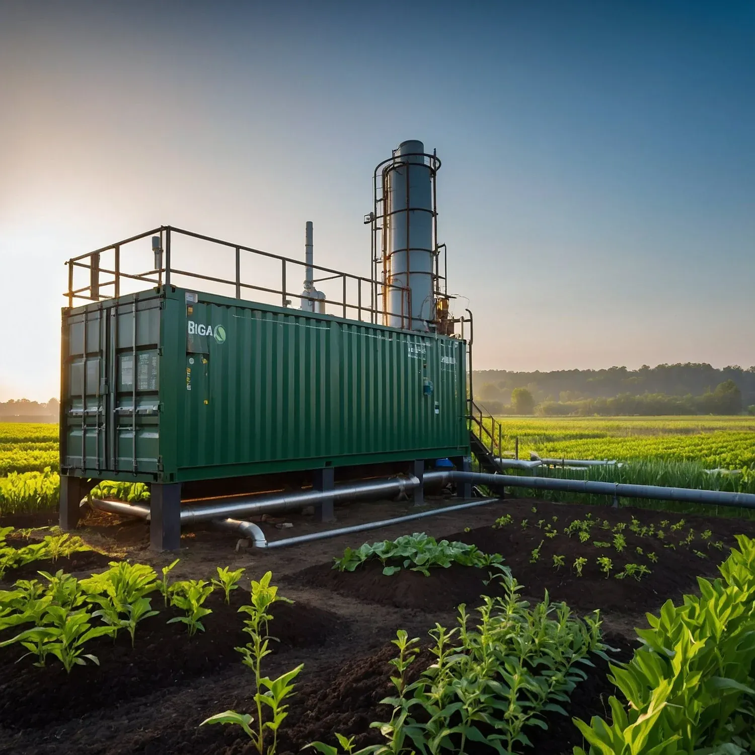 Green container gasification unit in farmland at sunrise