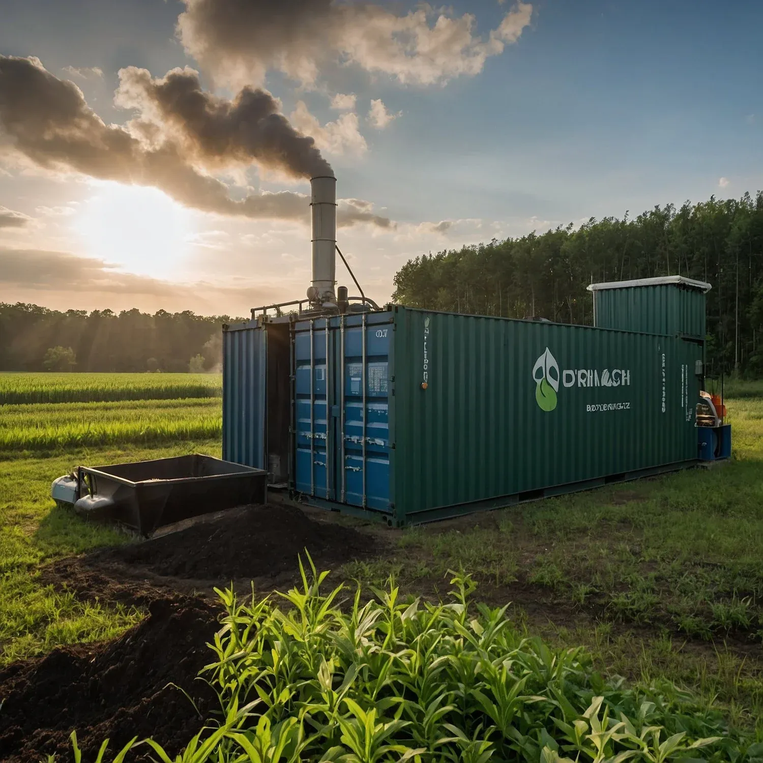 Containerised biomass gasification unit beside farmland at sunset