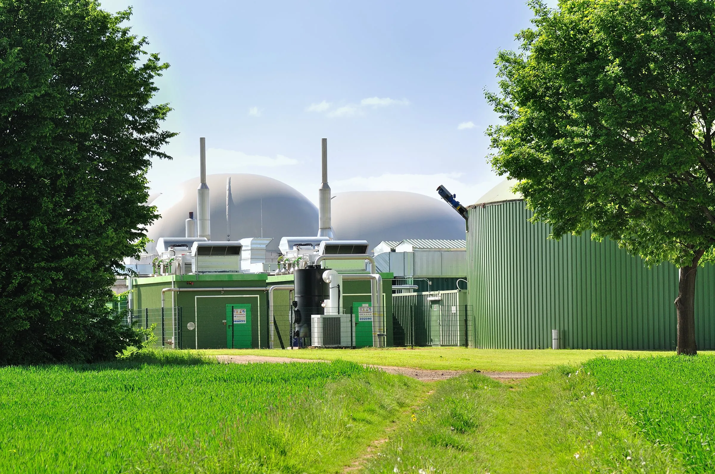 Biomass gasification plant surrounded by green fields and trees