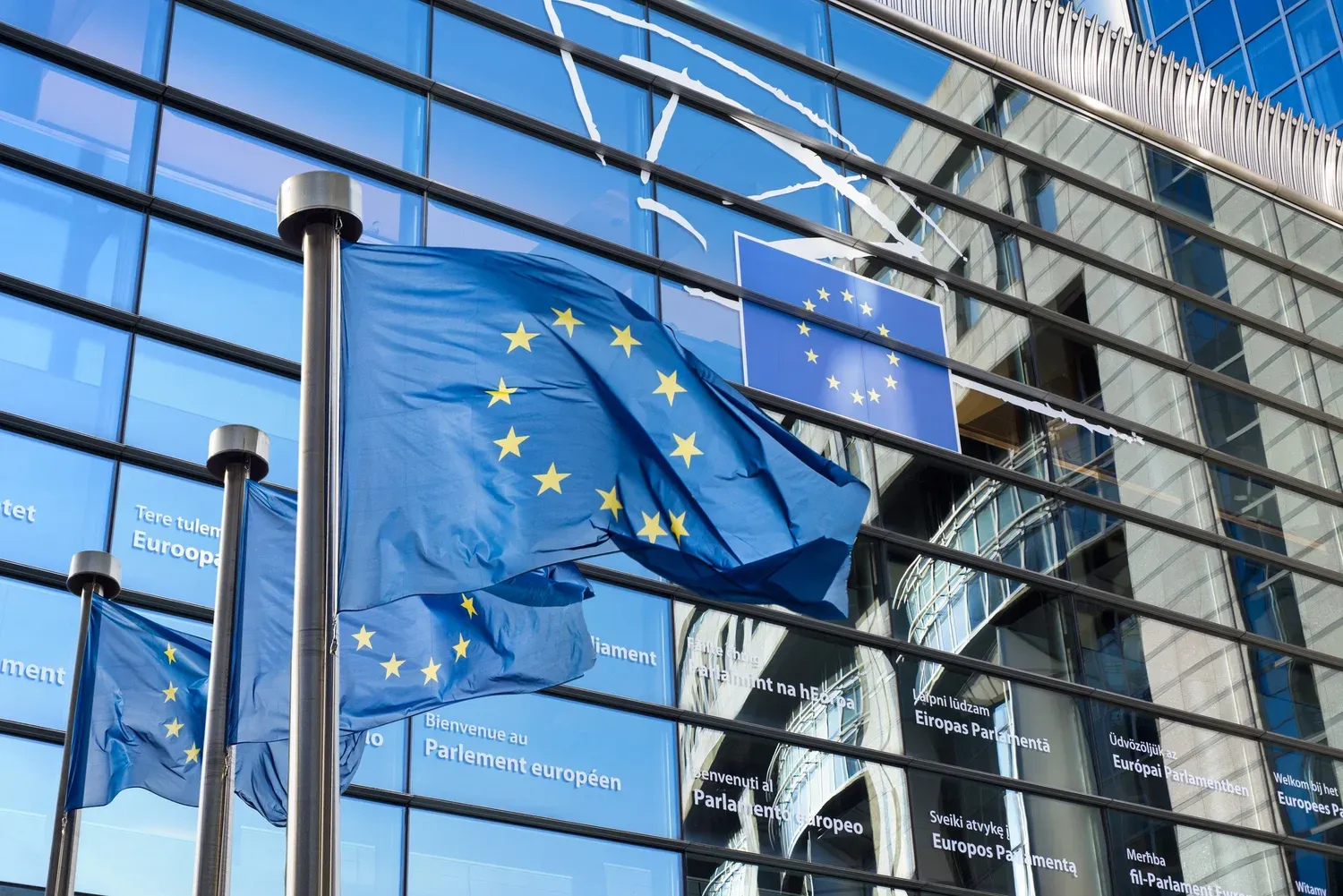 EU flags flying in front of the European Parliament building