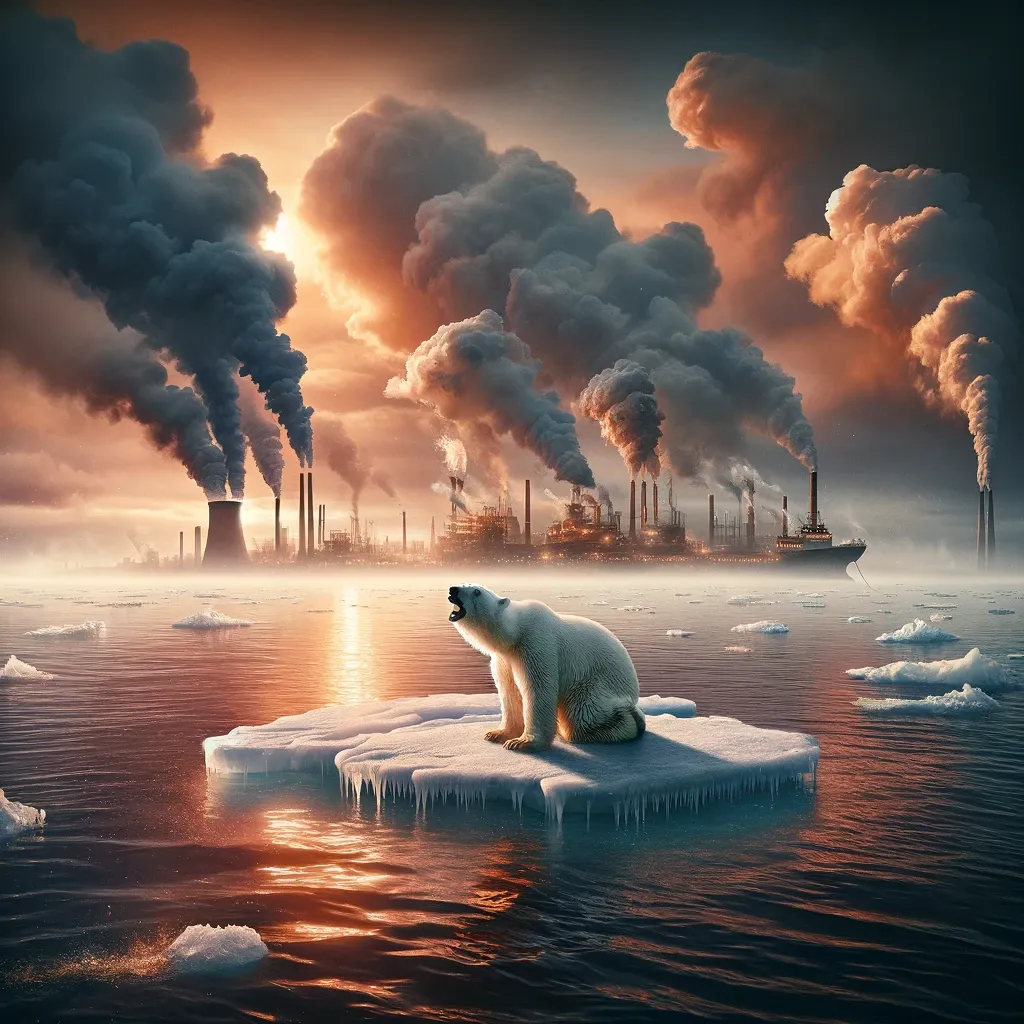 Polar bear on a small ice floe with smoking factories in the distance