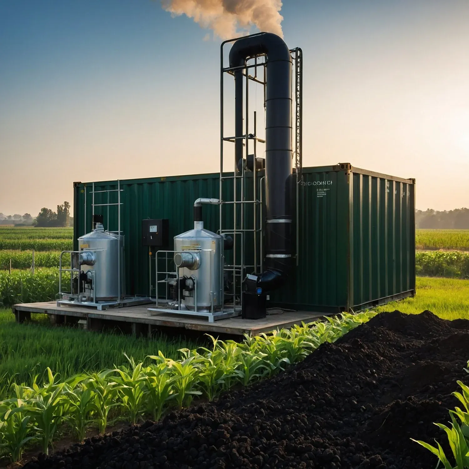 Containerised gasification unit with tall chimney operating beside a cornfield