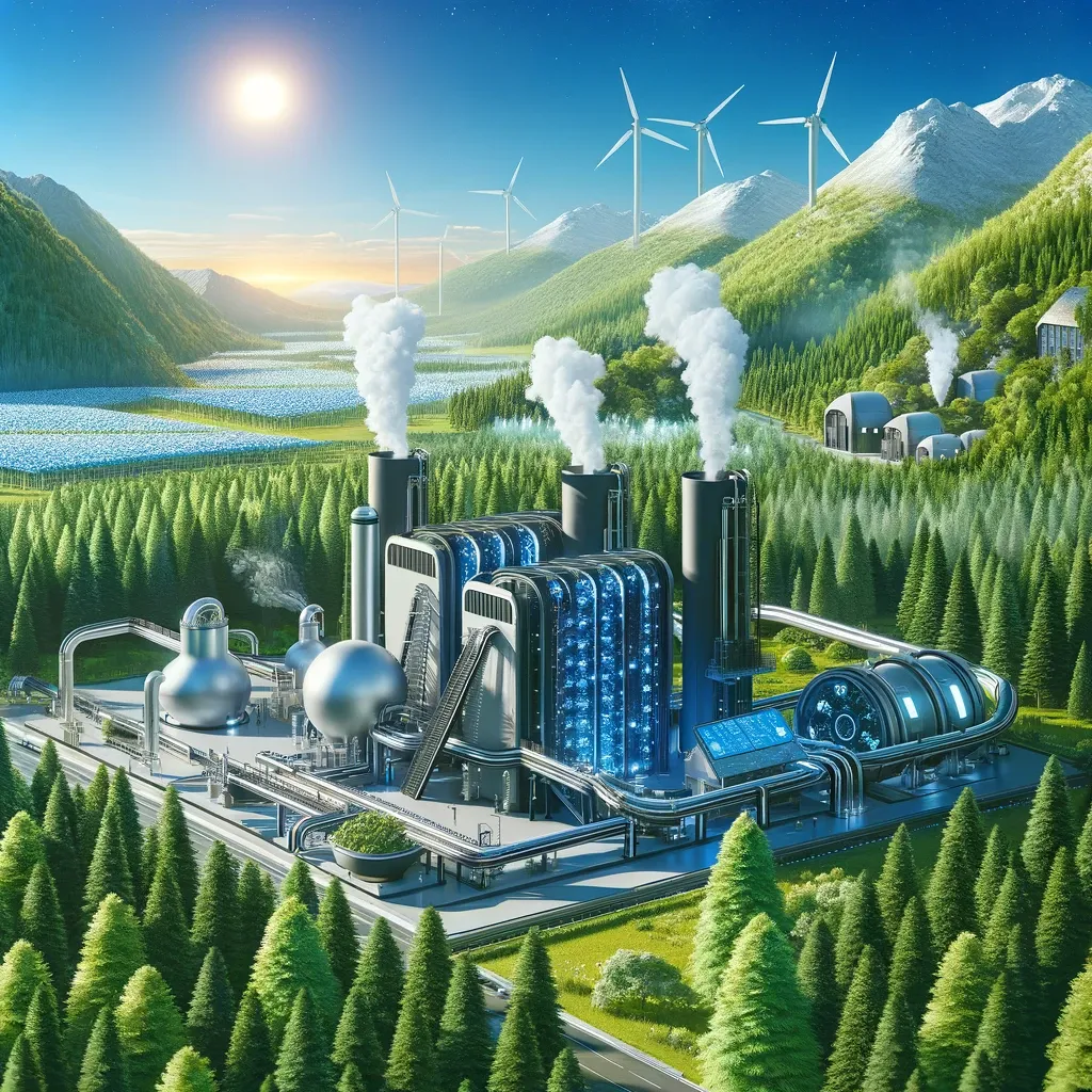Illustrated biomass plant with wind turbines set in a green valley
