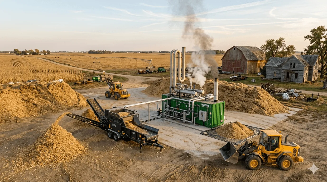 Mobile biomass gasification unit in operation