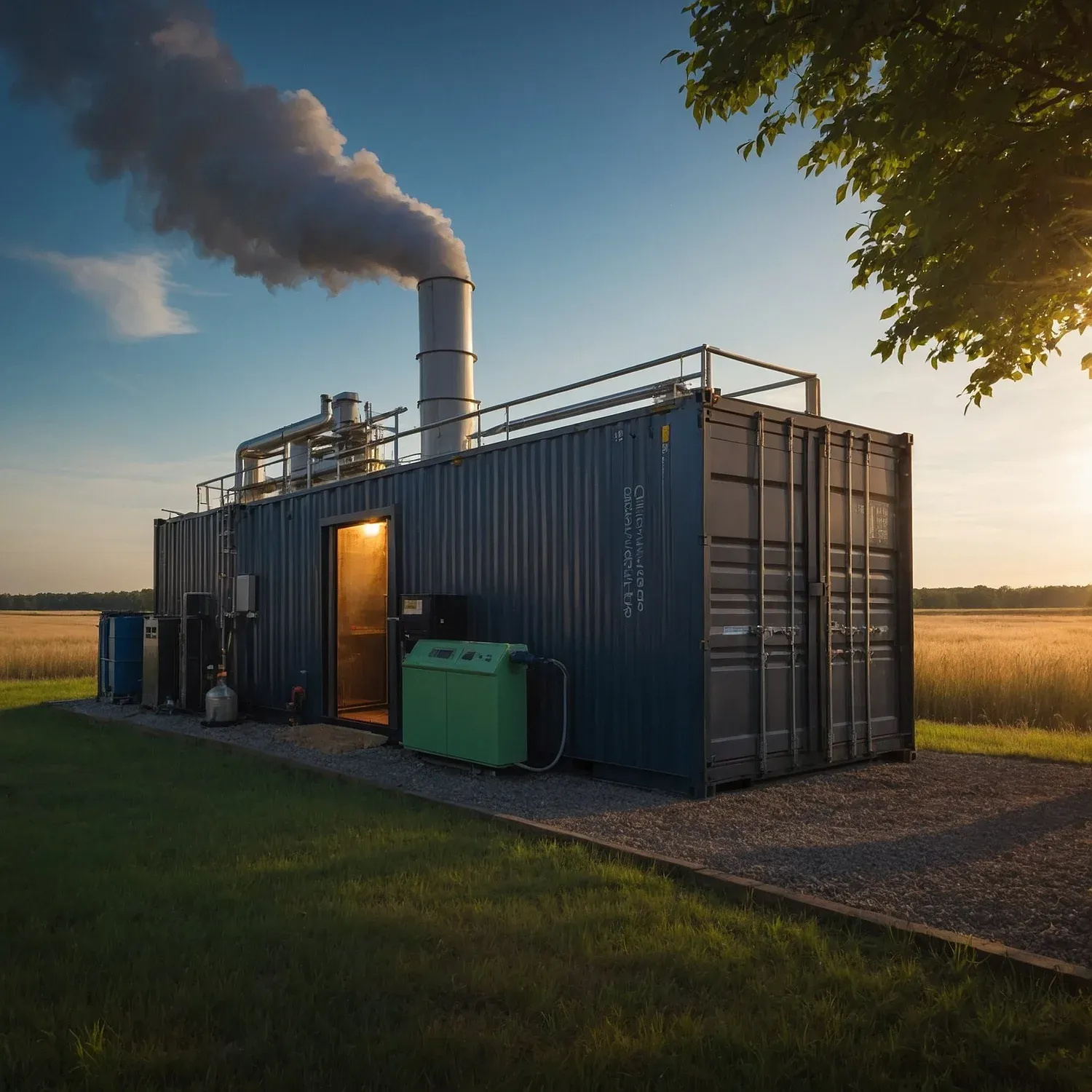 Dark industrial container with smokestack on a grass field at dusk